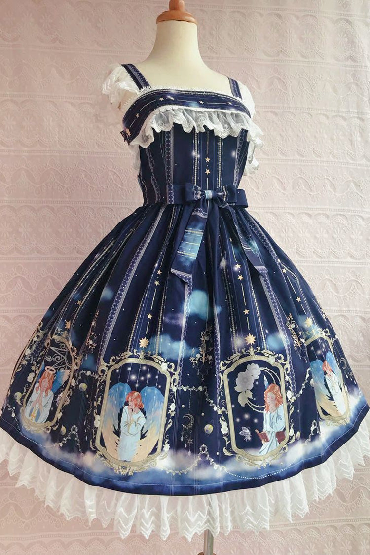 Blessing of Oriel Print Ruffled Bow Stitched Lace Sweet Lolita JSK Gown in 4 Shades