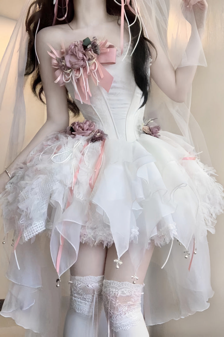White Sleepless Poem Fishbone Asymmetric Sweet Lolita JSK Dress - Bowknot