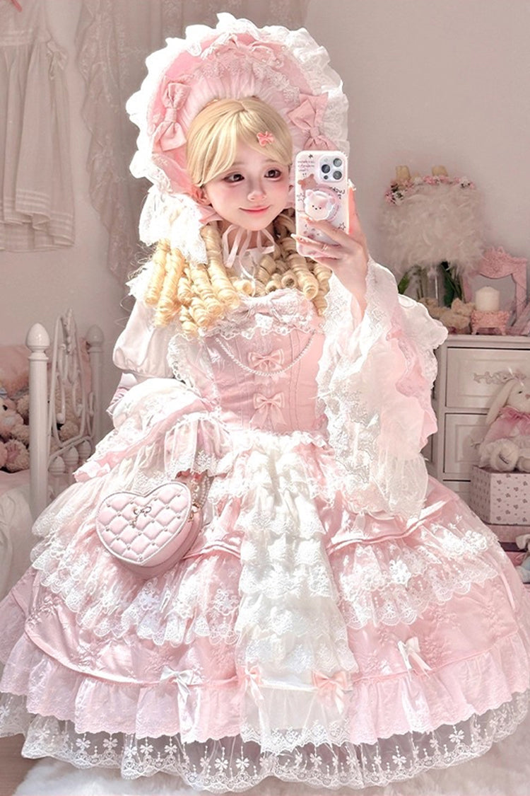 Sleeveless Multi-Layered Ruffle Embroidery Bowknot Lace Pearl Lolita Jsk Pink