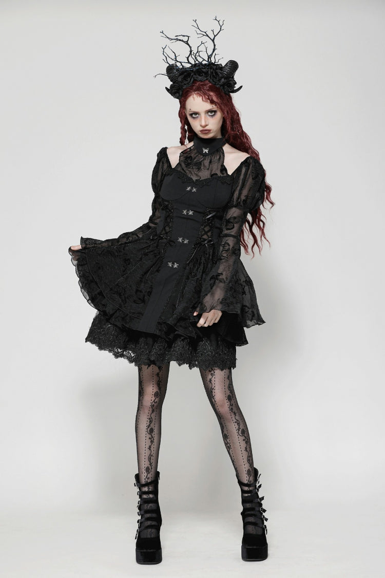Majestic Black Multi-Layered Lace Trumpet Puff Sleeve Halter Gothic Lolita Graduation Gown