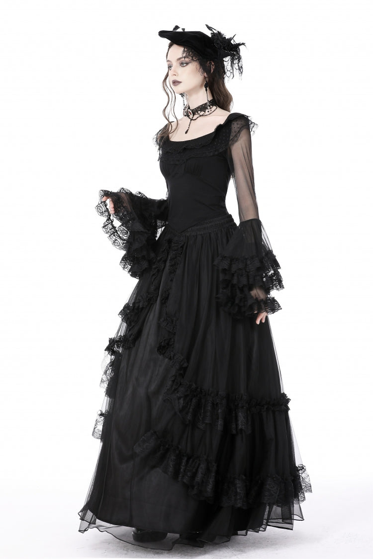 Gothic Women's Top with Trumpet Sleeves and Ruffles, Black