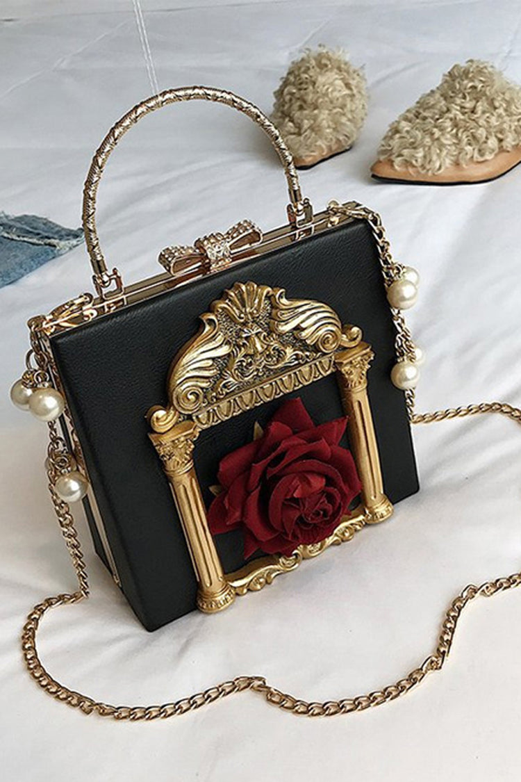 Vintage Gothic Shoulder Bag with Pearl Chain and Rose Motif