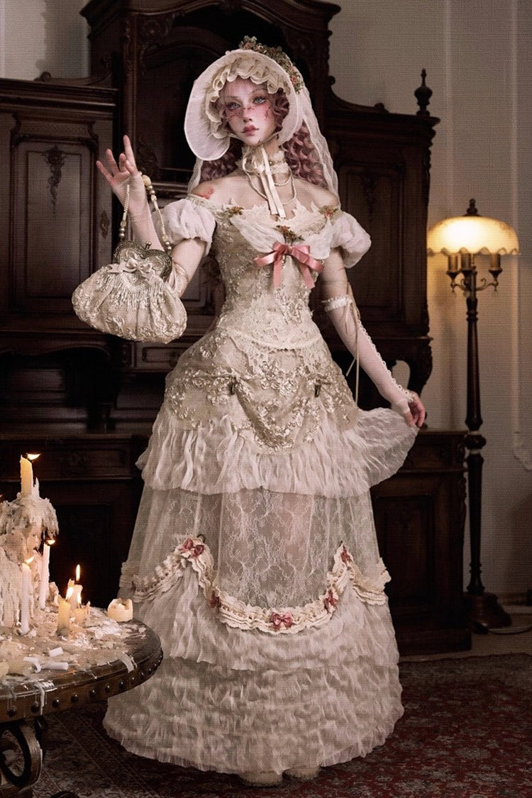 Light Brown Cupid’s Poetry Box Boat Neck Short Puff Sleeves Ruffled Cut-Out Embroidered Bow Lace Gothic Elegant Lolita Skirt Dress and Top Set