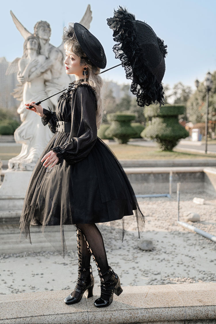 Black Square Collar Gothic Lolita OP Dress Metal Chain Organza Stitching - Altfashion Shop