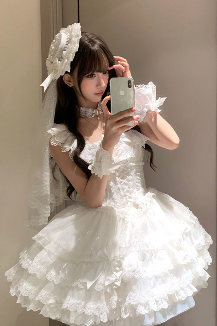 Ivory Double Ruffle Bow Lace Lace-Up Sweet Ballet JSK