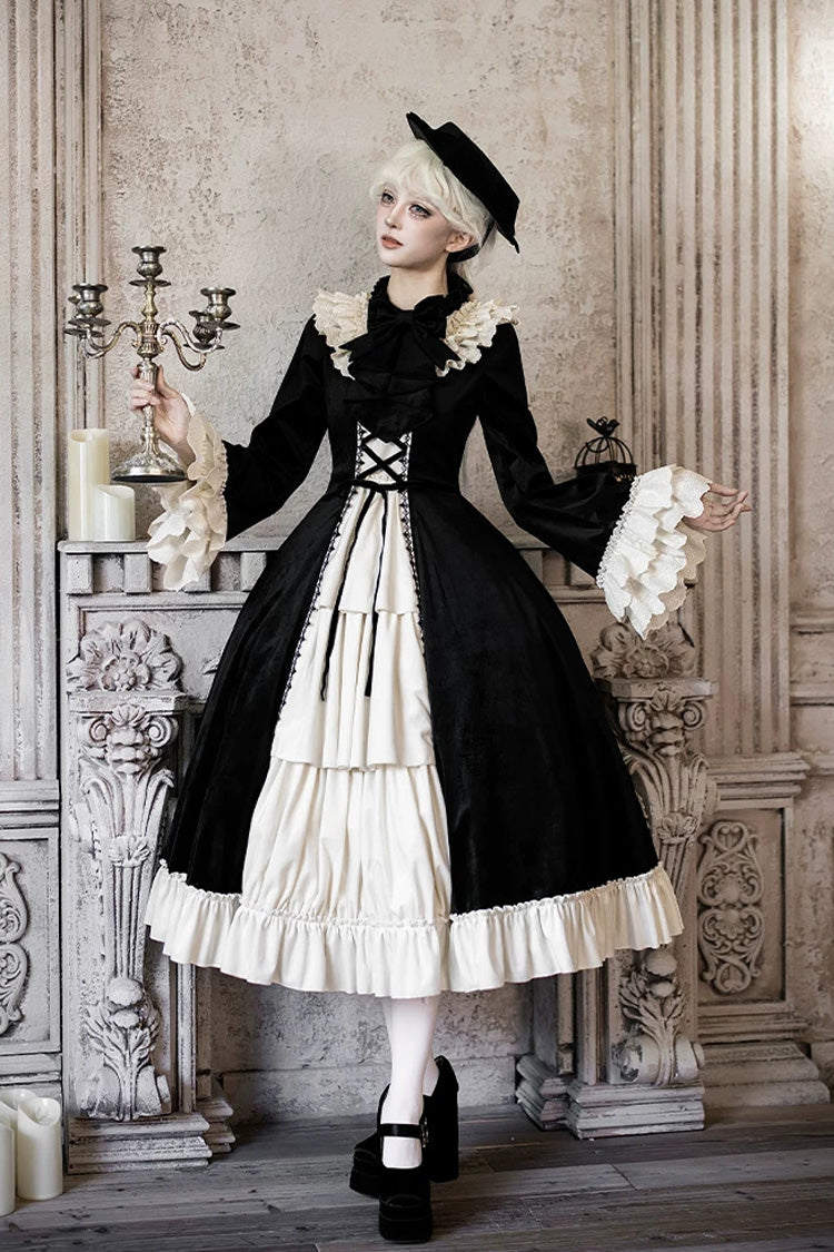 Gothic Lolita Dress with Ruffled Open-Front Bow and Lace-Up - Black