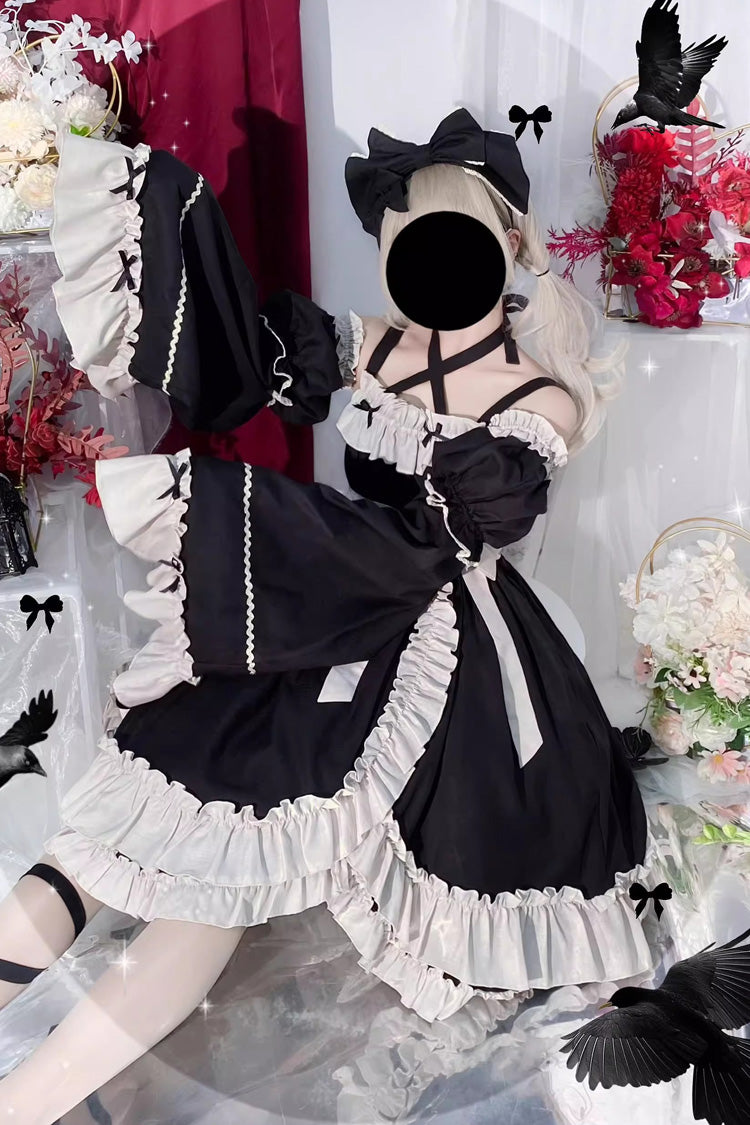 Black High-Waisted Asymmetric JSK Dress with Bowknot