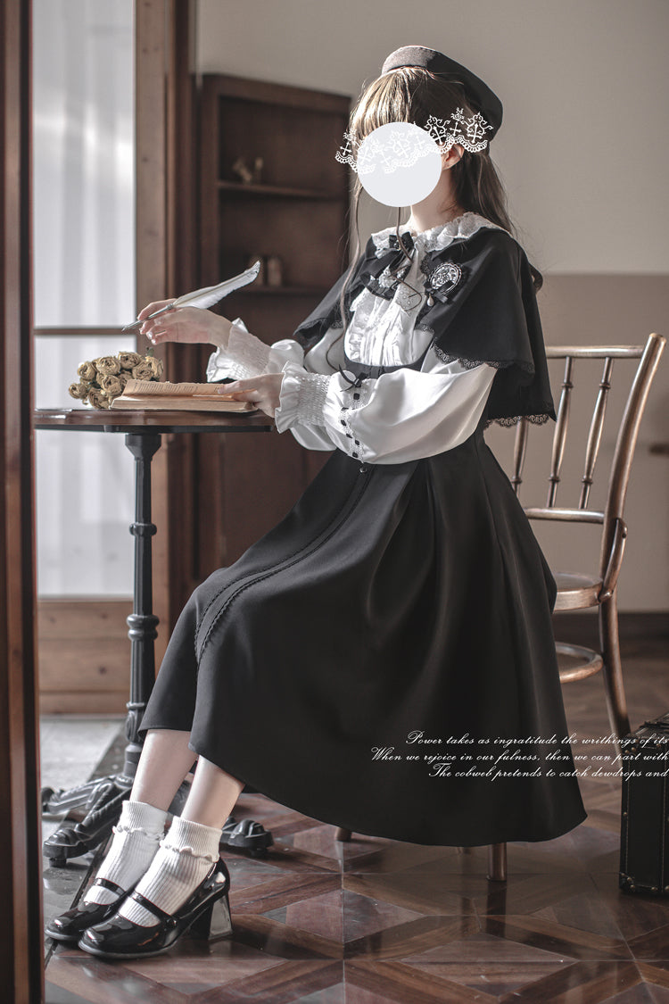 Black/White Sunset Academy Long Sleeves Ruffled Bow Fake Two Pieces Vintage Collegiate Elegant Lolita Gown