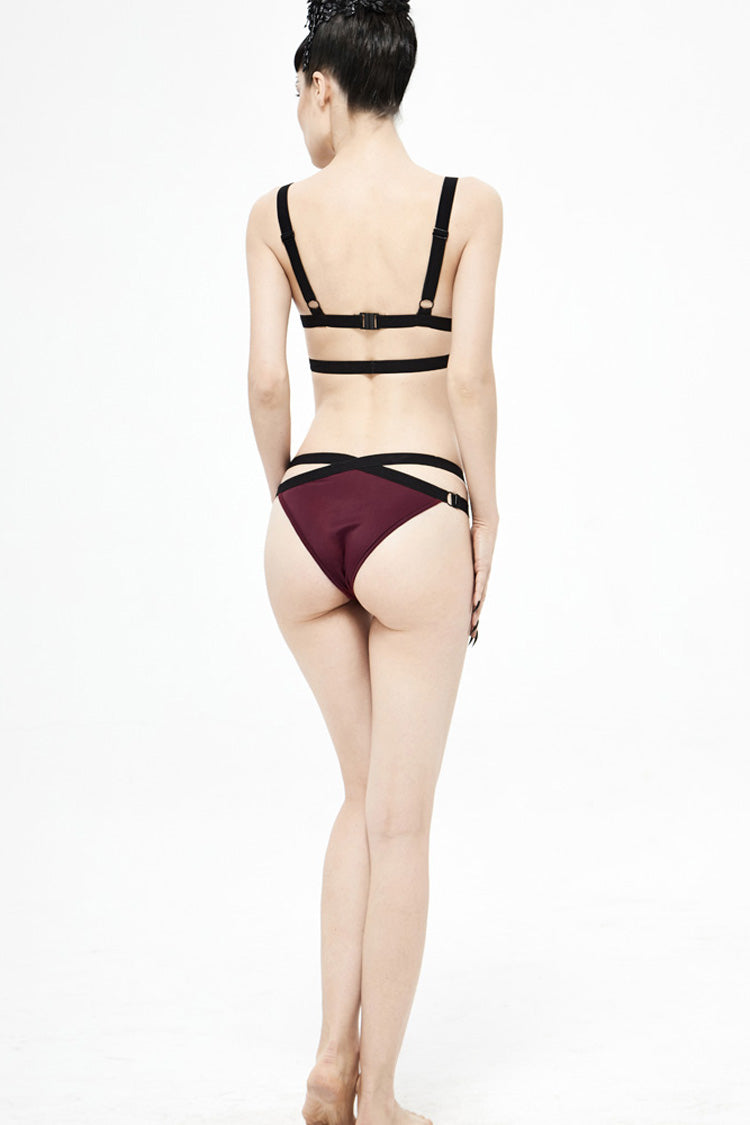 Burgundy Cross Strap Lace Gothic Two-Piece Swimwear