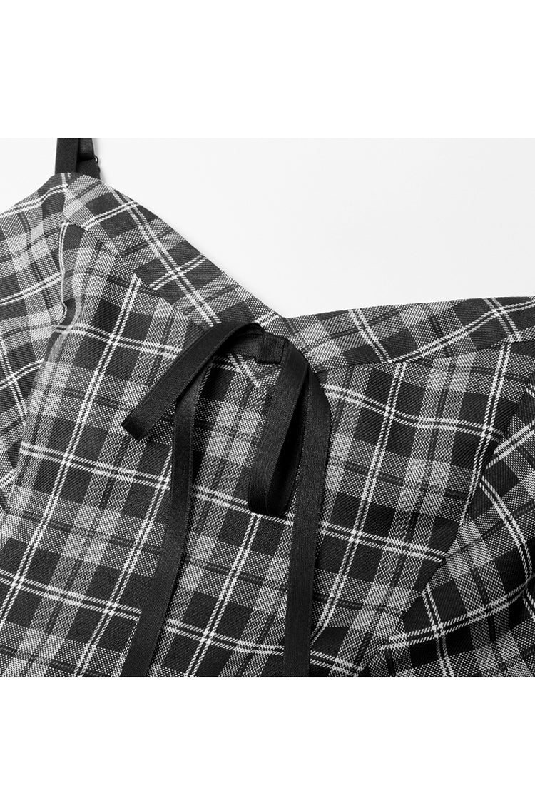 Plaid Front Chest Bow Decoration Punk Slip Dress - White/Black