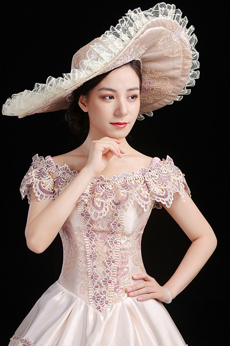 Victorian Floral Embroidered Boat-Neck Gown