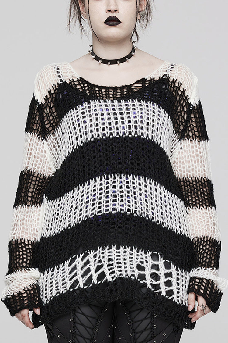 Gothic Striped Sweater - Ripped, Irregular Hem, 4 Shades
