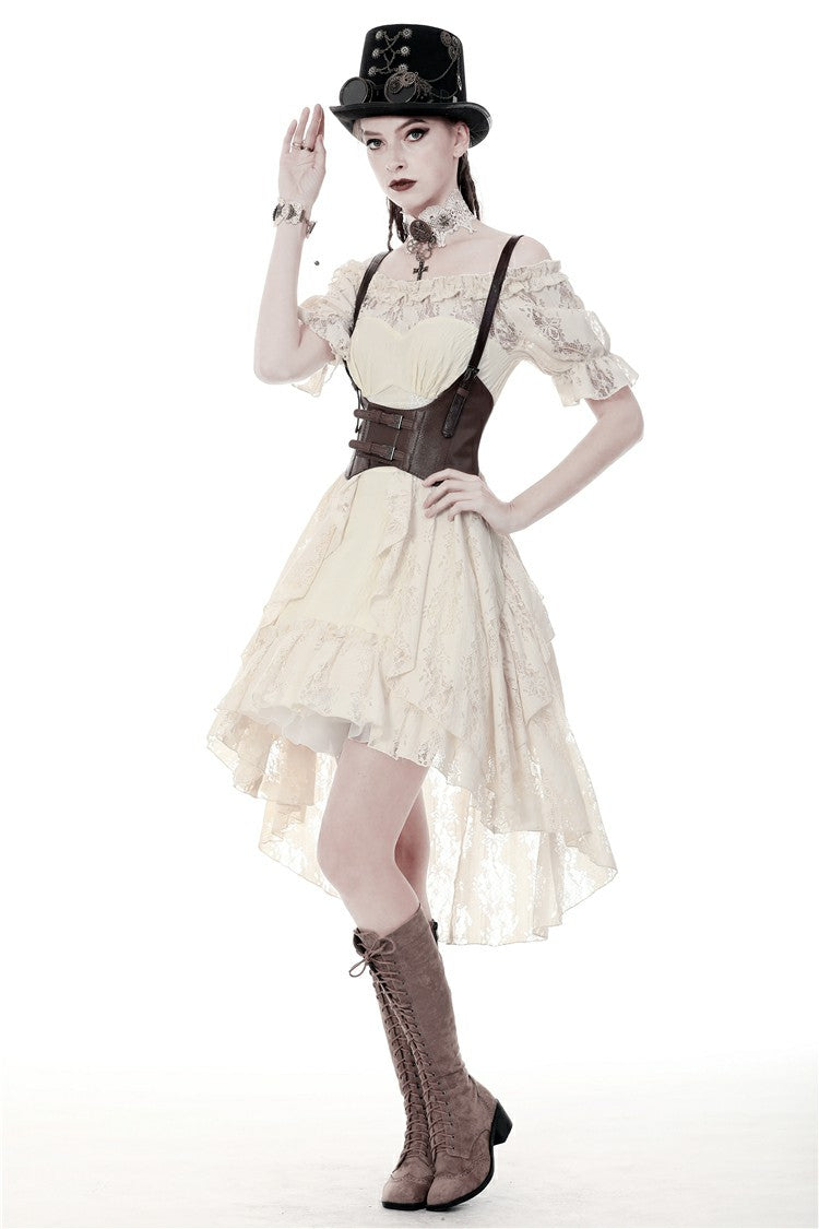 Beige Ruched Off-Shoulder Short Sleeve Steampunk Vintage Gown