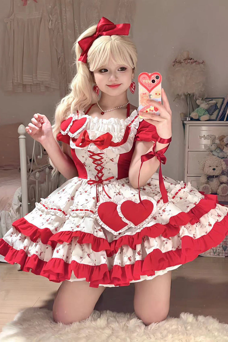 Red Double-Layered Floral Print Ruffled Bowknot Sweet Dress