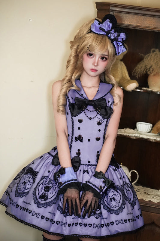 Purple Halterneck Sleeveless Embroidered Bow Sweet Dress - Sugar Bear
