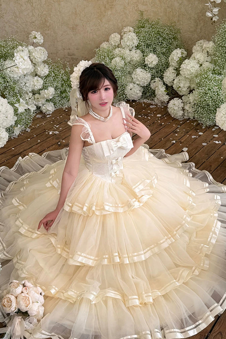 Organza Satin Sleeveless Layered Ruffled Bow Lace Sweet Lolita JSK - Apricot