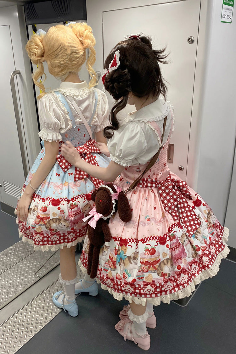 Sleeveless Bow Lace Sweet Lolita Strap Dress with Print - Strawberry Cake Kitty