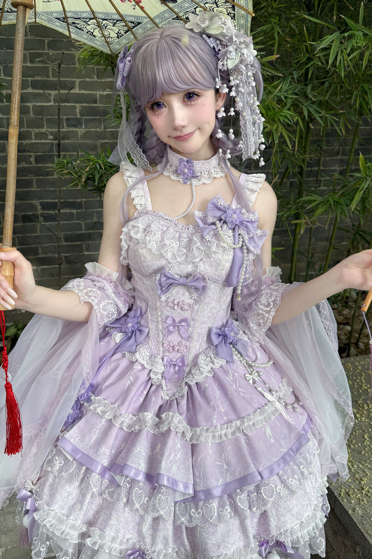 Violet Cherry Prelude Square Collar Sleeveless Jacquard Ruffled Bow Pearl Lace JSK