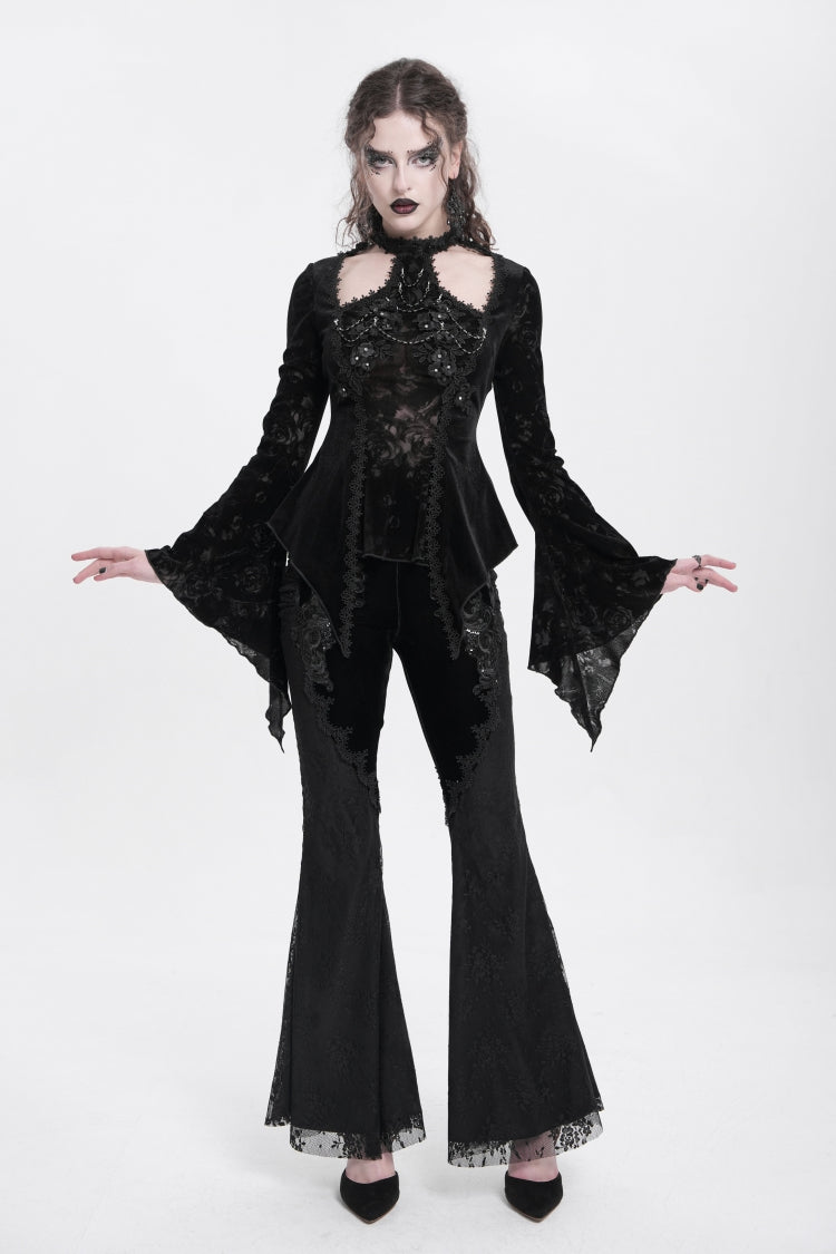 Graceful Black Jacquard Embroidered Trumpet Sleeve Halter Gothic Blouse