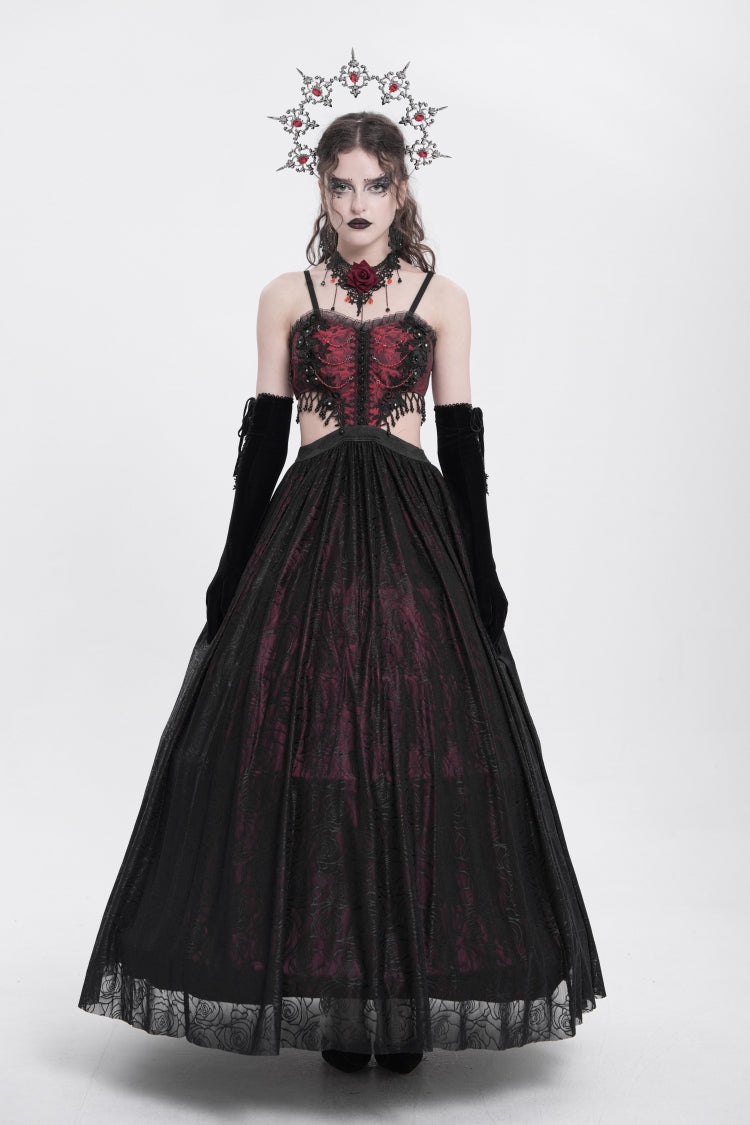 Scarlet Jacquard Floral Embroidered Ripped Gothic Slip Dress
