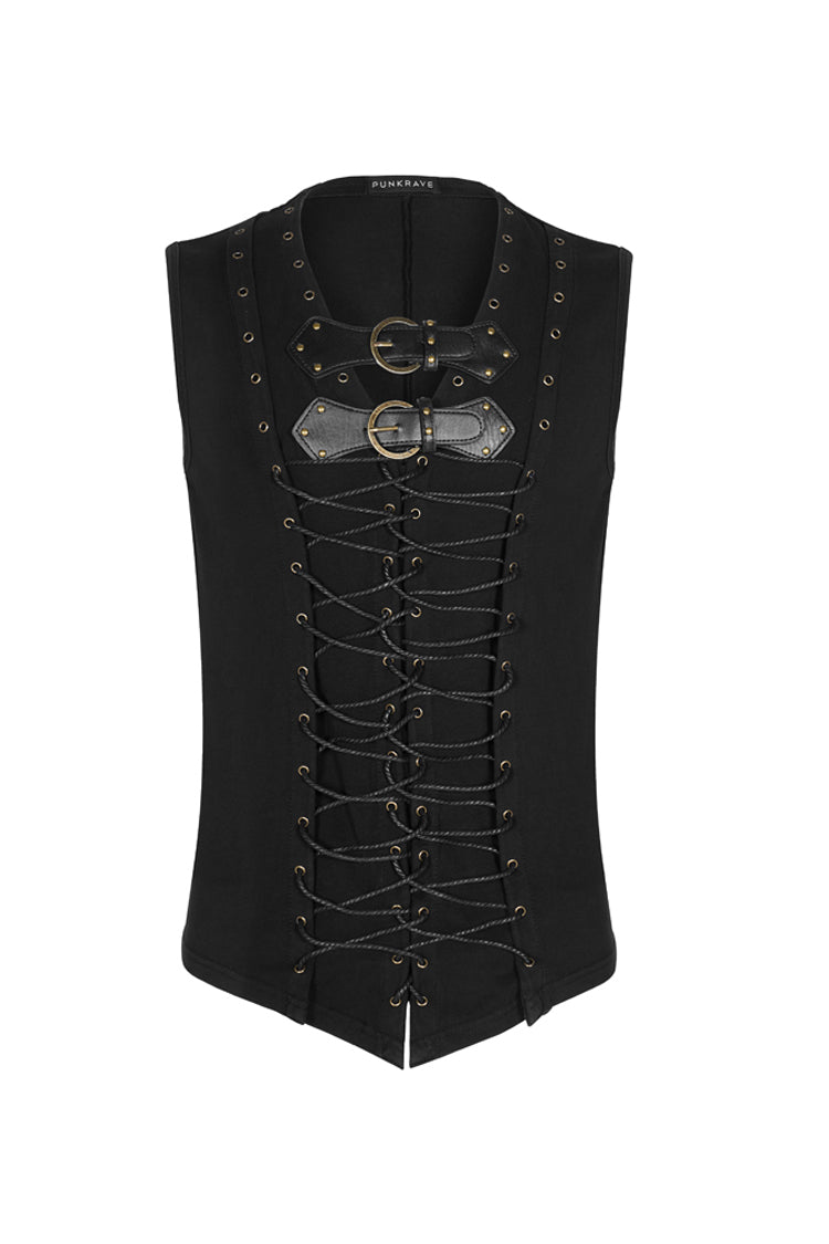 Leather Hasp Metal Ring Punk Vest with Cross Lacing