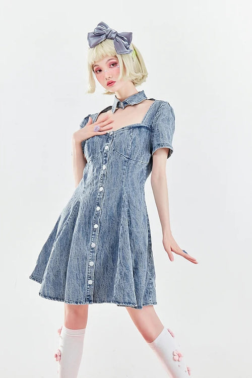 Azure Denim Sweet OP with Single-Breasted Ruffled Sleeves