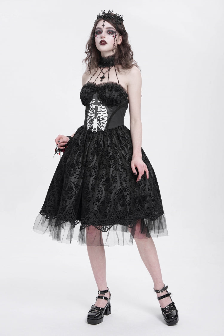 Unique Black Skeleton Print Embroidered Lace Stitching Halter Gothic Gown