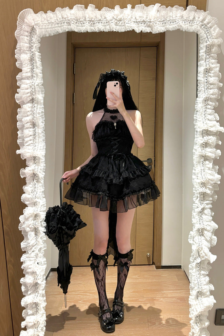Black Gothic Lolita JSK Halterneck Triple Layered Bowknot Lace