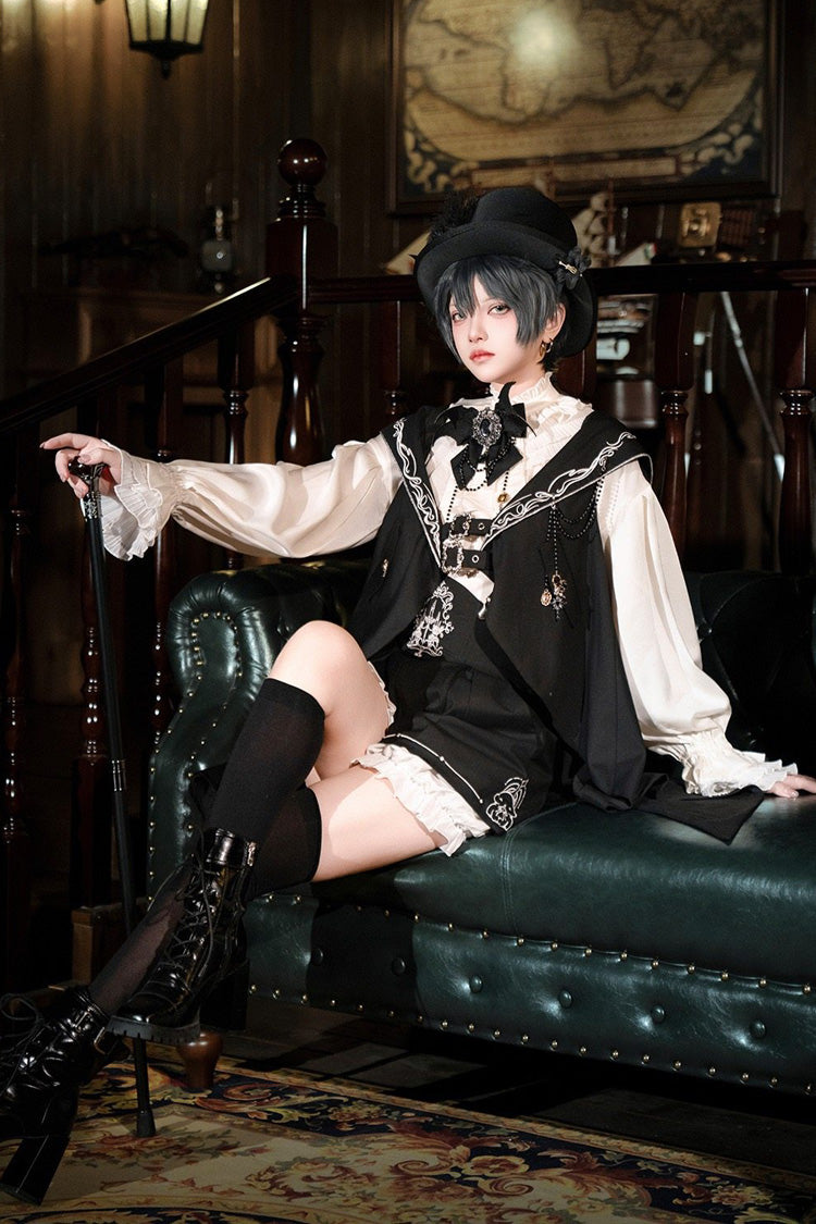 Embroidered Prince Ouji Vest and Shorts Set in Black