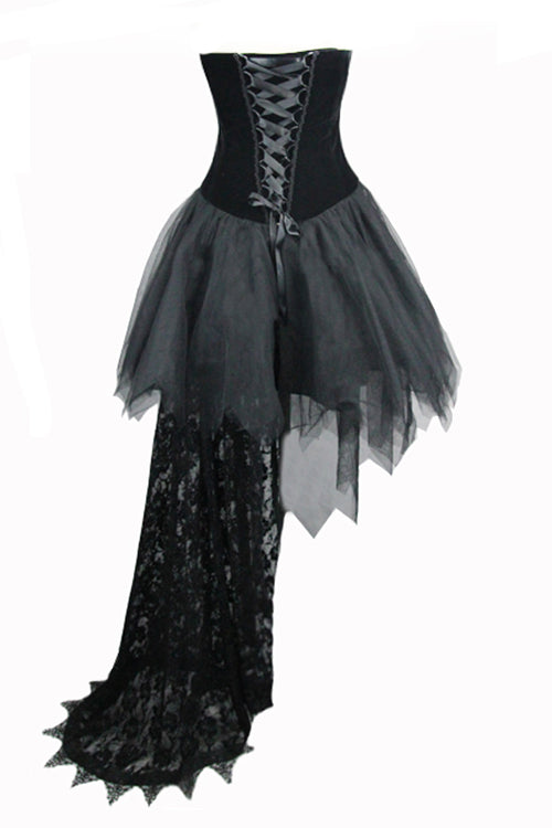 Gothic Wedding Gown with Feathers, Strapless Velveteen, Rose Lace Train