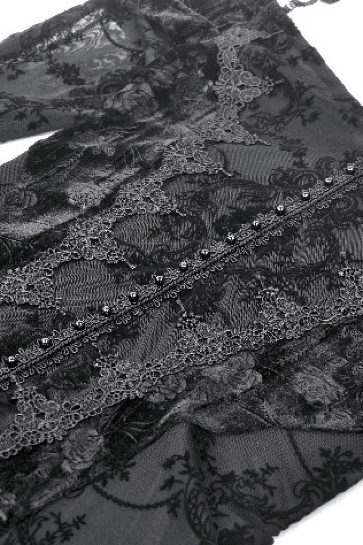 Off Shoulder Long Trumpet Sleeves Velvet Spliced Mesh Gothic Graduation Dress