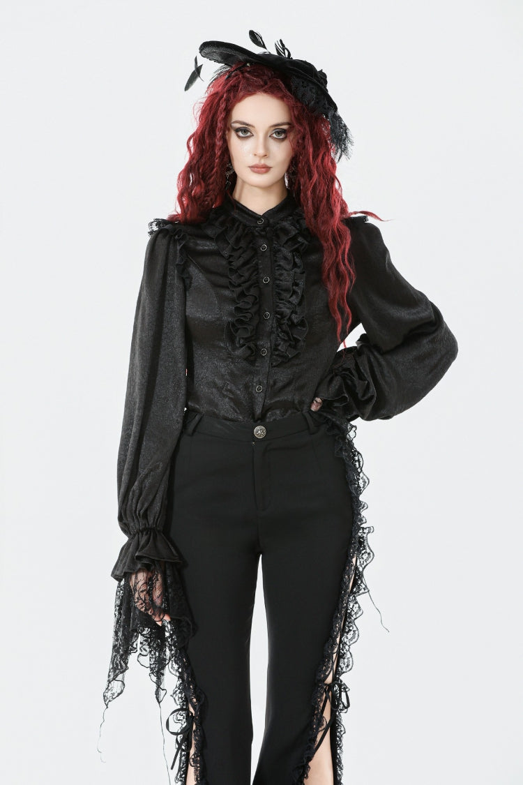 Jet-Black Gothic Blouse with Lantern Sleeves and Ruffled Lace