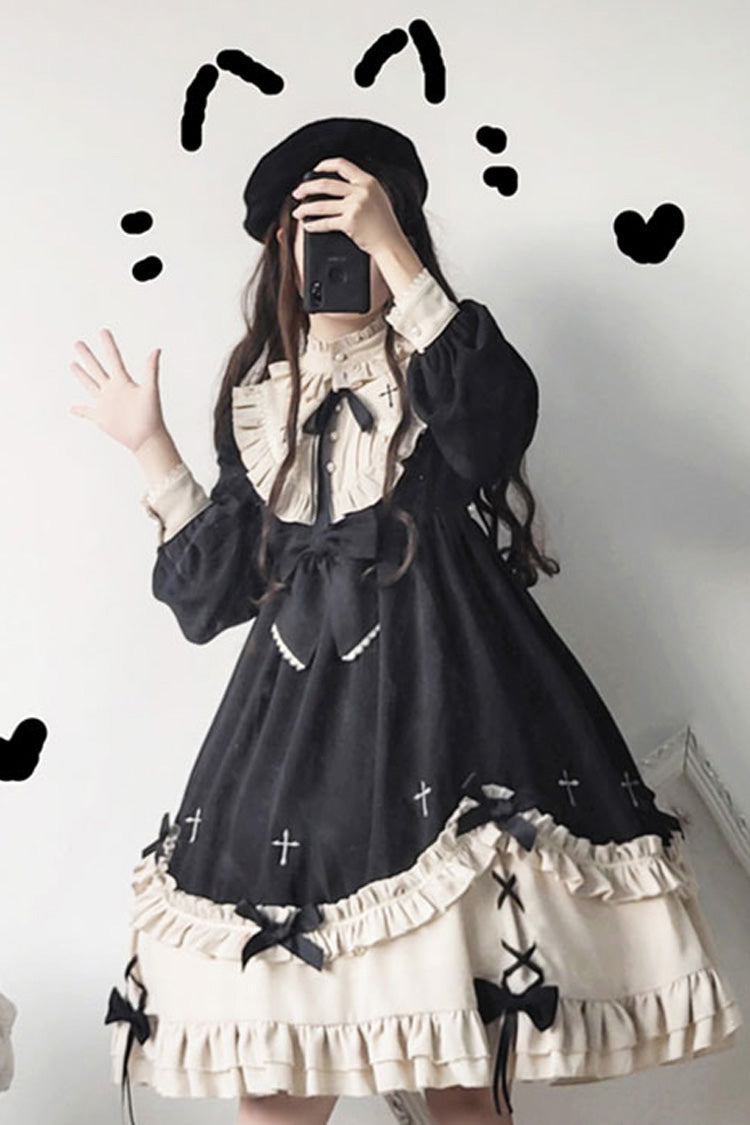 Coal Crewneck Chest Bow Cross Print Ruffled Sweet Lolita OP Dress