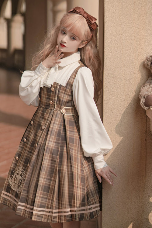 Detective-Inspired Double-Breasted Embroidered Plaid Sweet OP Gown