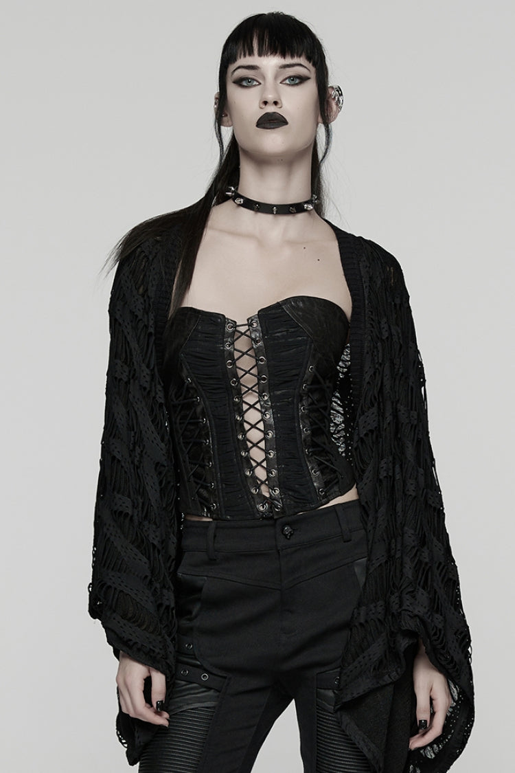 Ebony Punk Cardigan with Batwing Sleeves and Distressed Details