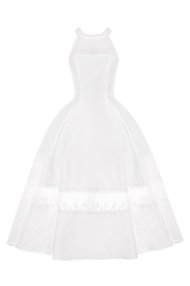 Ivory Off Shoulder Halter Print Ruffle Gothic Elegant Dress