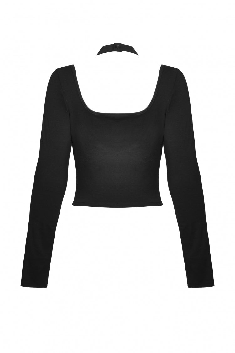 Trendy Black Eyelet Mesh Splice Long Sleeve Halter Punk Crop Top