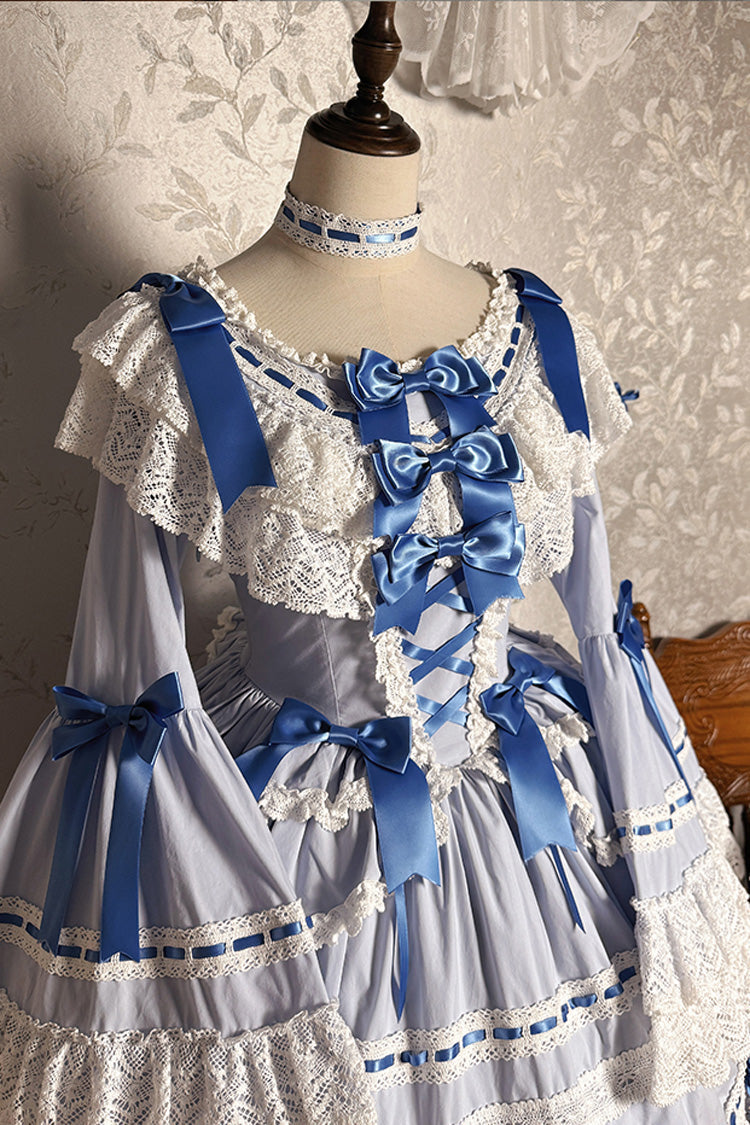 Blue/White Rabbit Sleeping Doll Long Trumpet Sleeves Ruffle Ribbon Lace Girly Lolita Dress