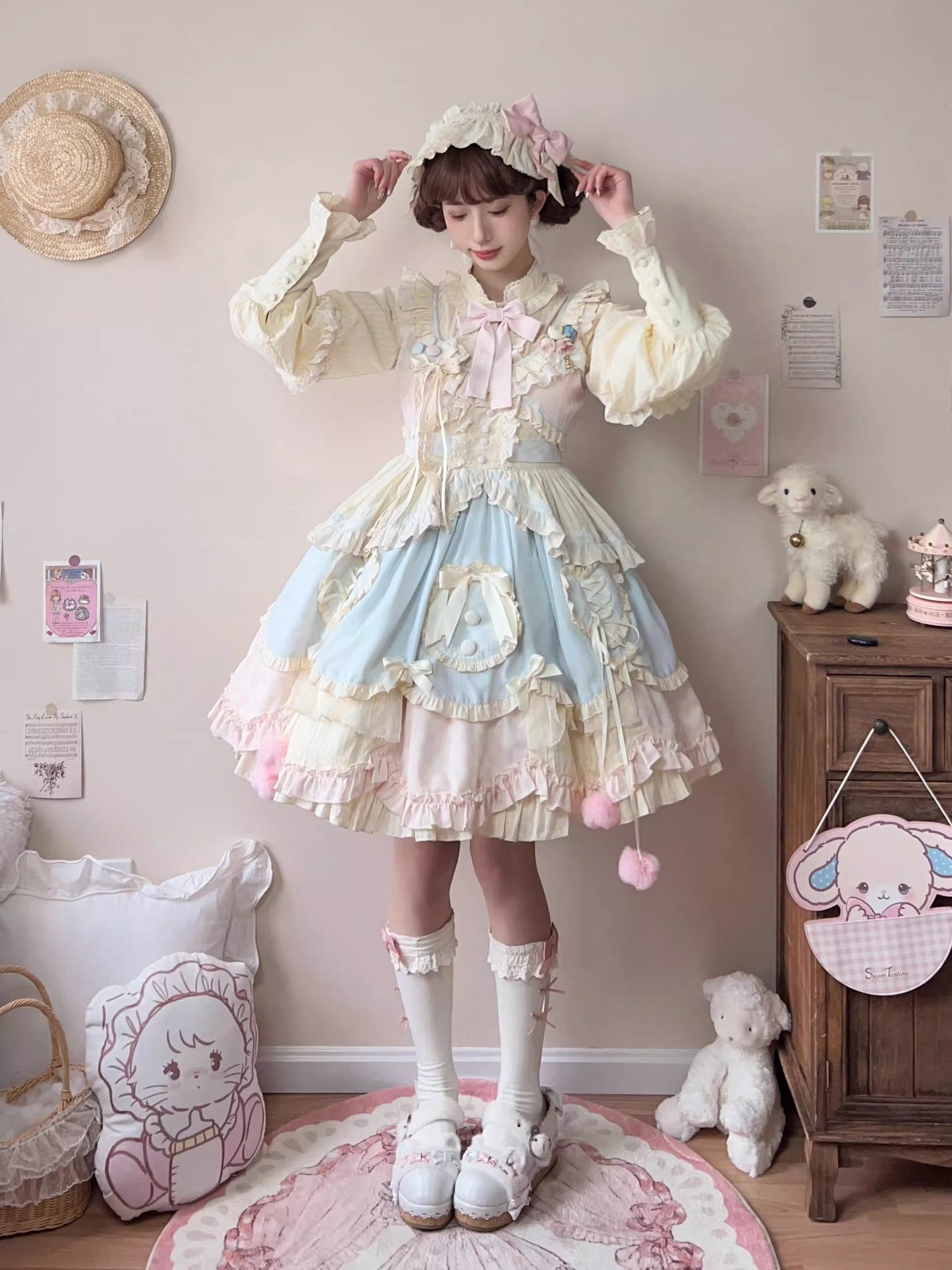 Sleeveless Multi-Layer Ruffle Bow Lace Sweet Lolita Jumper Dress Short - Multi Color