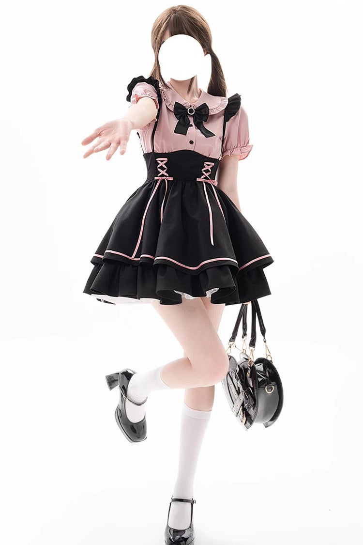 First Sakura Short Sleeves Multi-layer Lace-Up Sweet Jirai Kei Japanese Set - Black/Pink