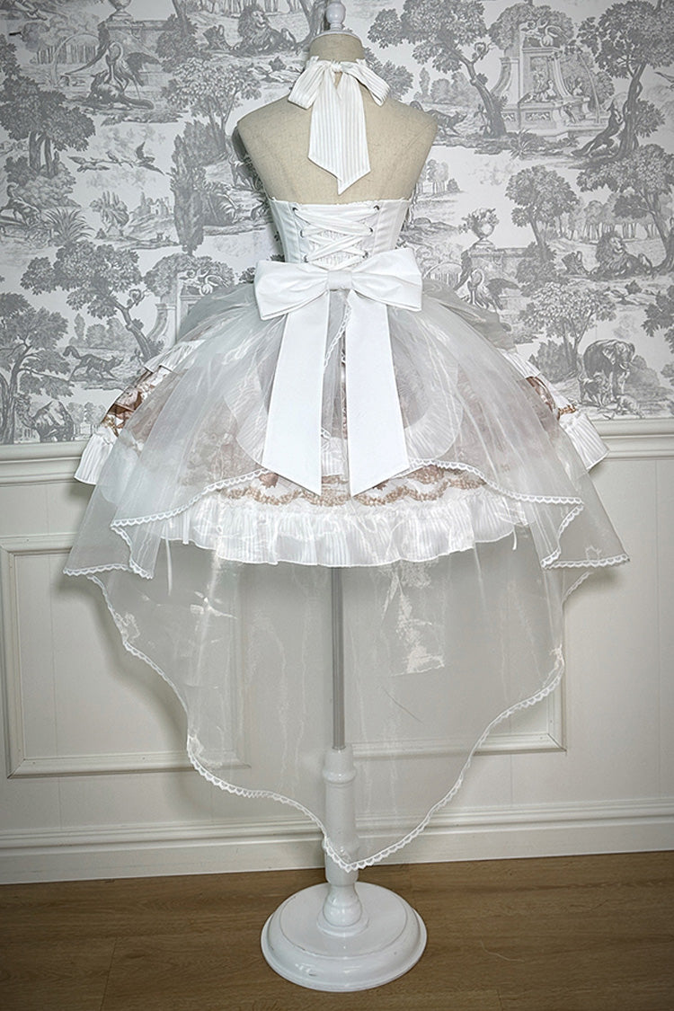 Ivory Halterneck Gothic Dress with Print and Bowknot - The Mystery of The Doll