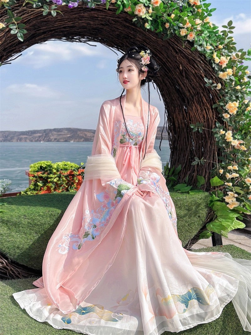 Blush Tang Dynasty Long Flared Sleeves Printed Embroidered Sweet Hanfu Gown
