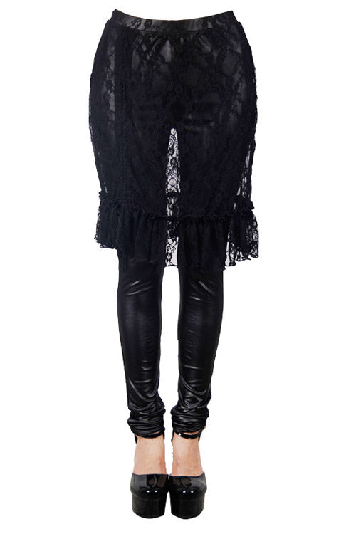 Obsidian Rose Lace Mesh Over-Skirt Faux Leather Pants for Women