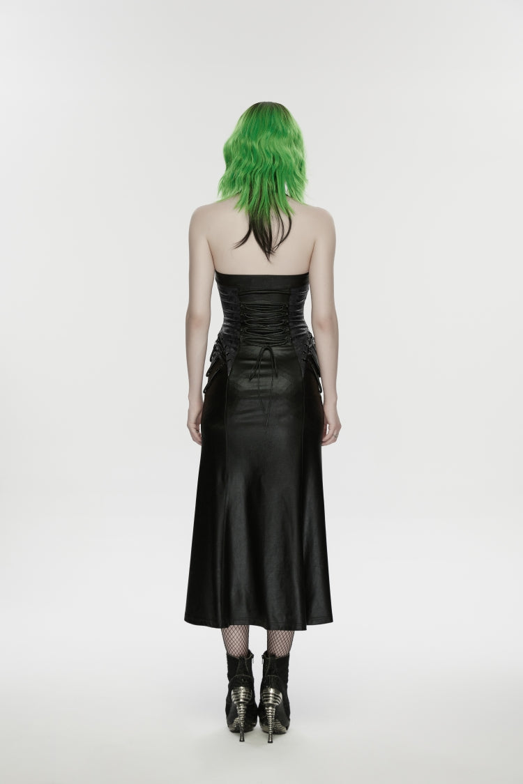 Bold Black Lace-Up Buckled Slim Sleeveless Halter Punk Gown