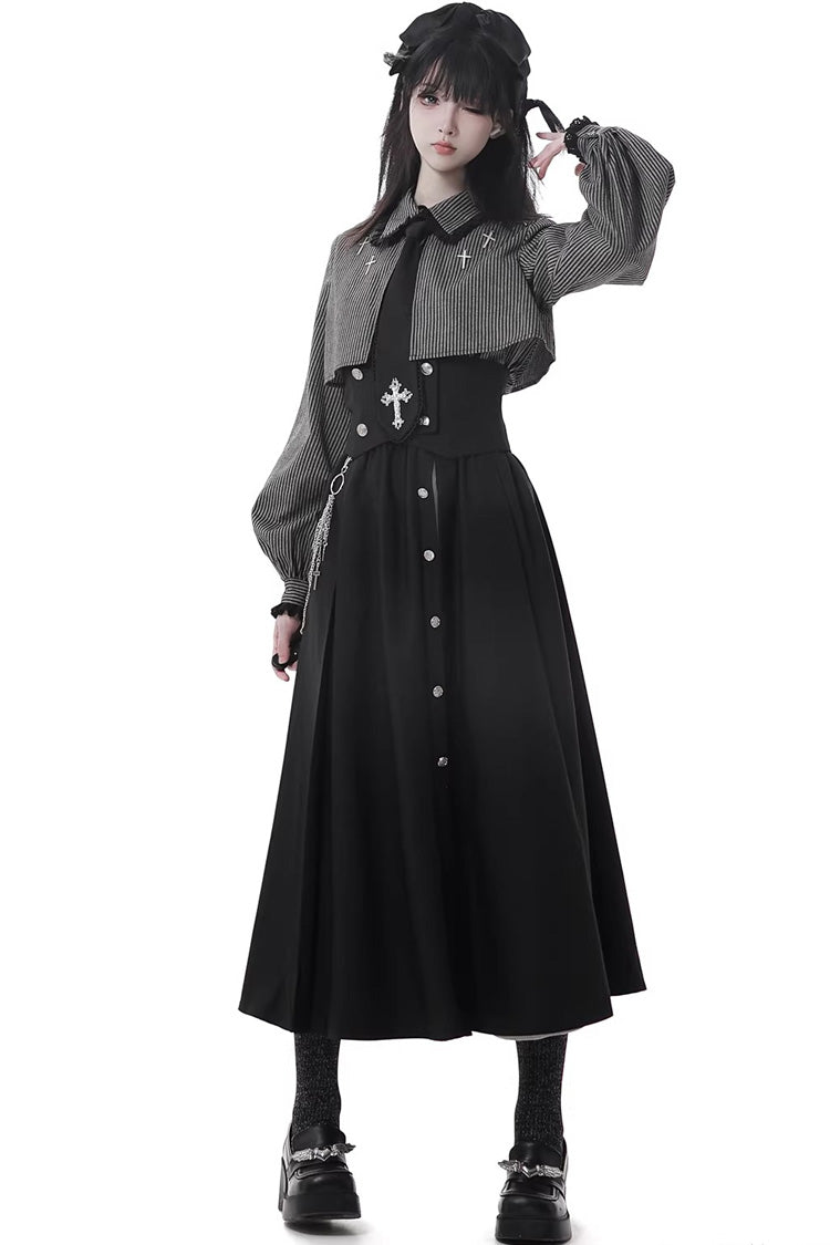 Hymn of the Cross Gothic Ruffled Asymmetric Chain Skirt Set - Black
