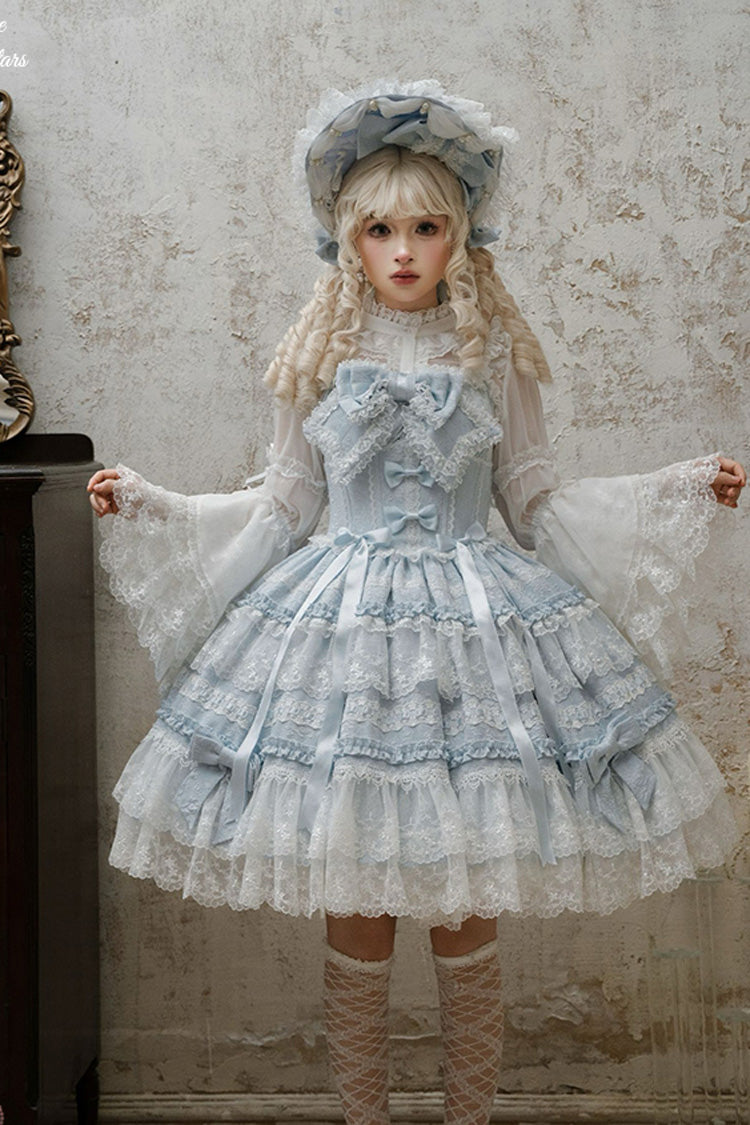Blue Sleeveless Ruffled Bow Lace Sweet Lolita JSK - Reinas