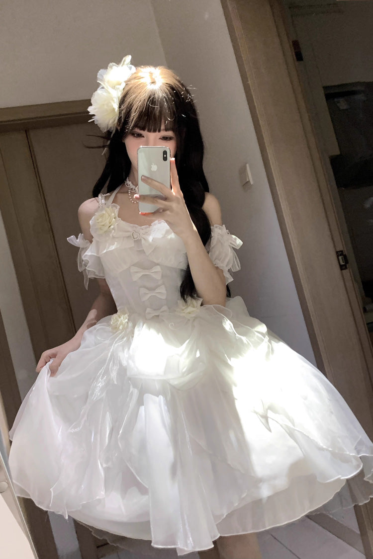 Ivory Elegant JSK with Halter Neck and Ruffle Bow - Cindy Rose