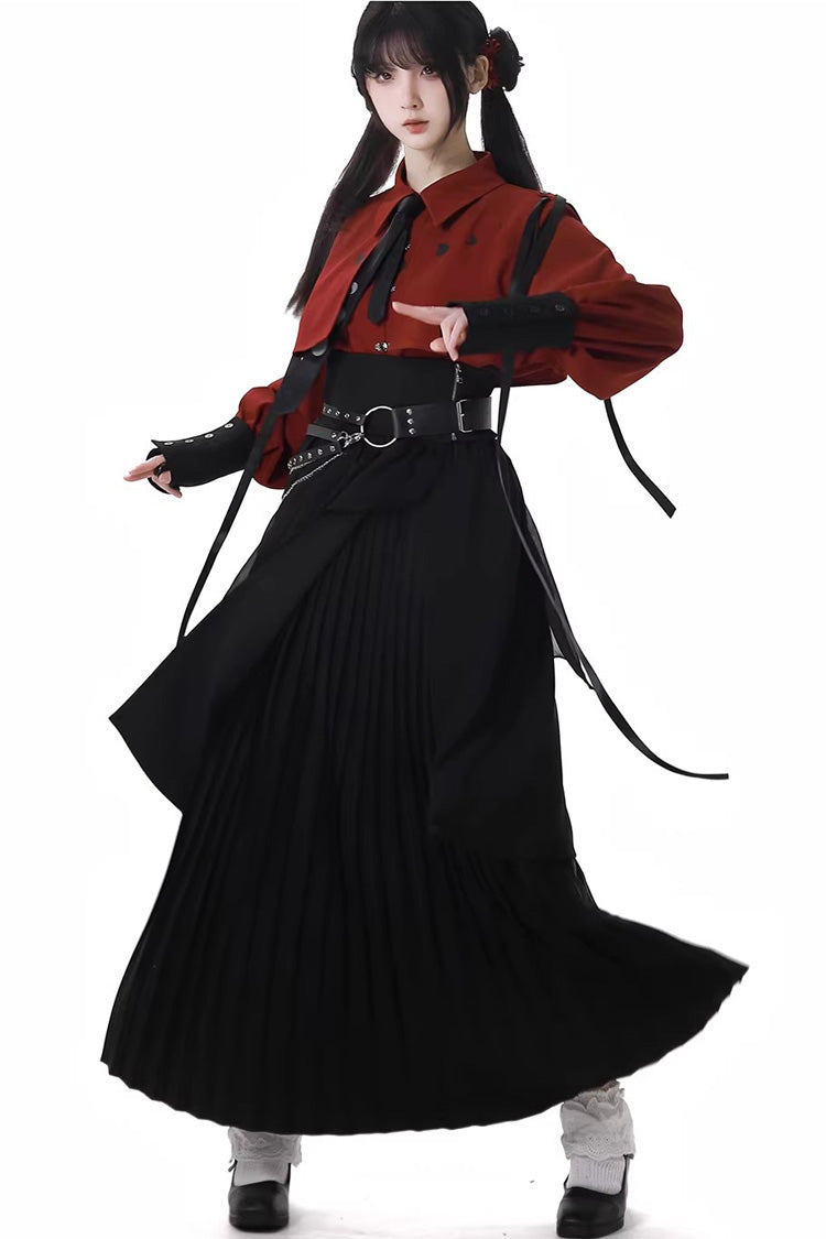 Moonlight Flowing Ruffled Asymmetric Gothic Jirai Kei Skirt Set - Red/Black