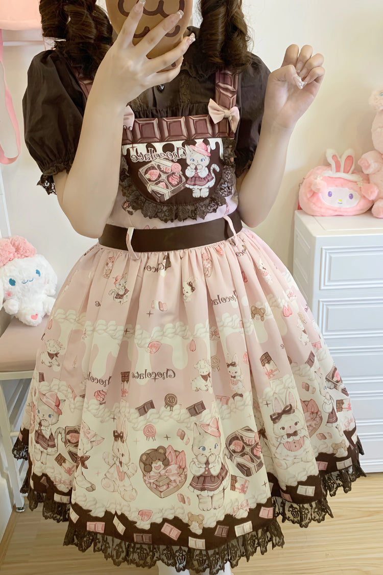 Chocolate Rosette Cat Printed Bow Stitching Lace Sweet Lolita JSK Dress