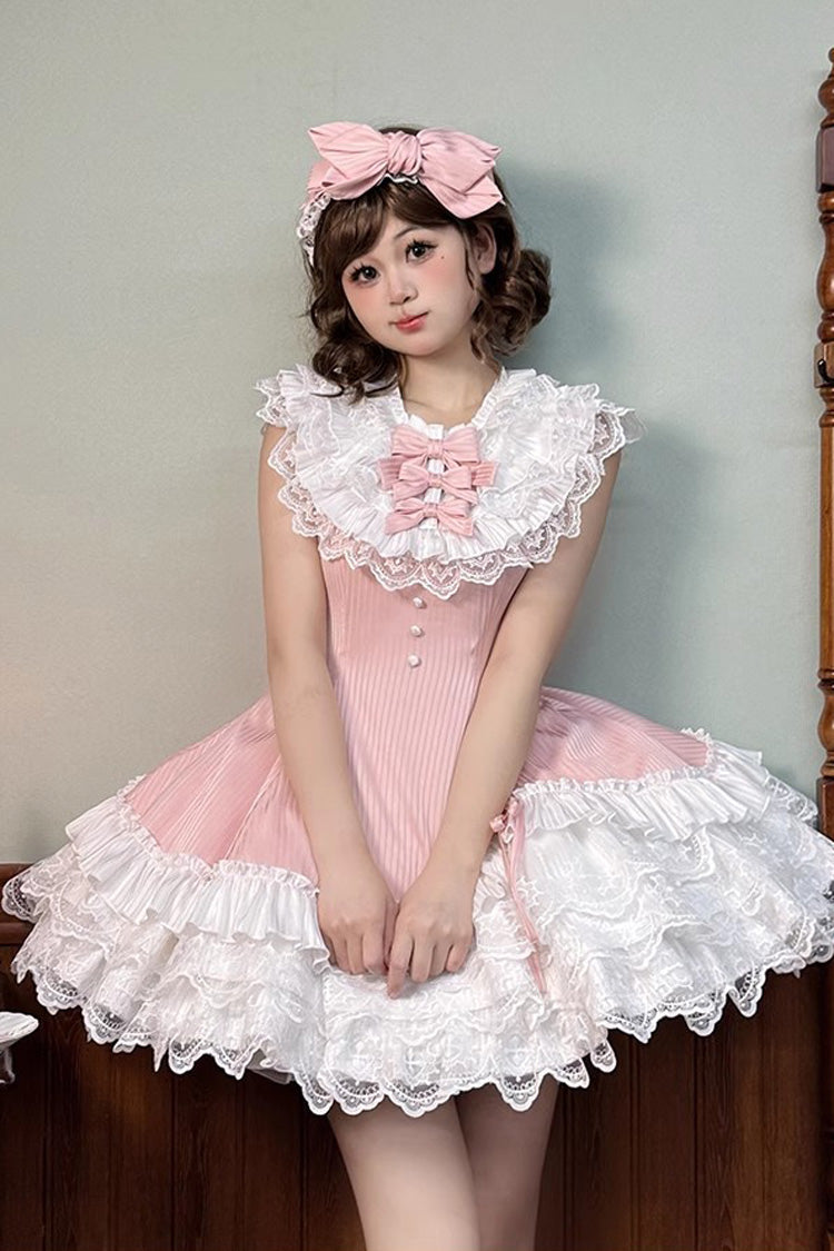 Pink Asymmetric Lace Bow Sleeveless Multi-Layer Ruffle Sweet Lolita Dress - Miss Tsundere